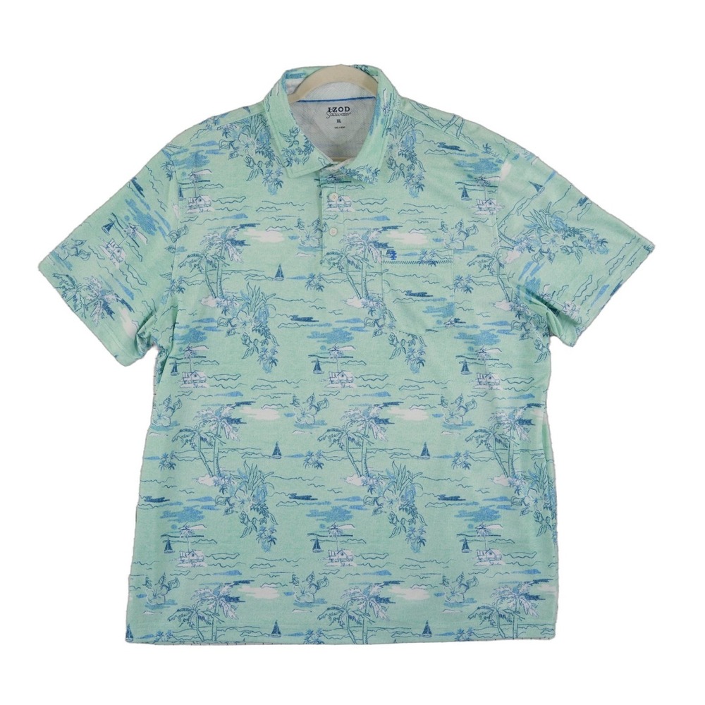 IZOD Saltwater Polo Shirt Men's‎ Size XL Green Tropical Palm Tree Sailboat Golf